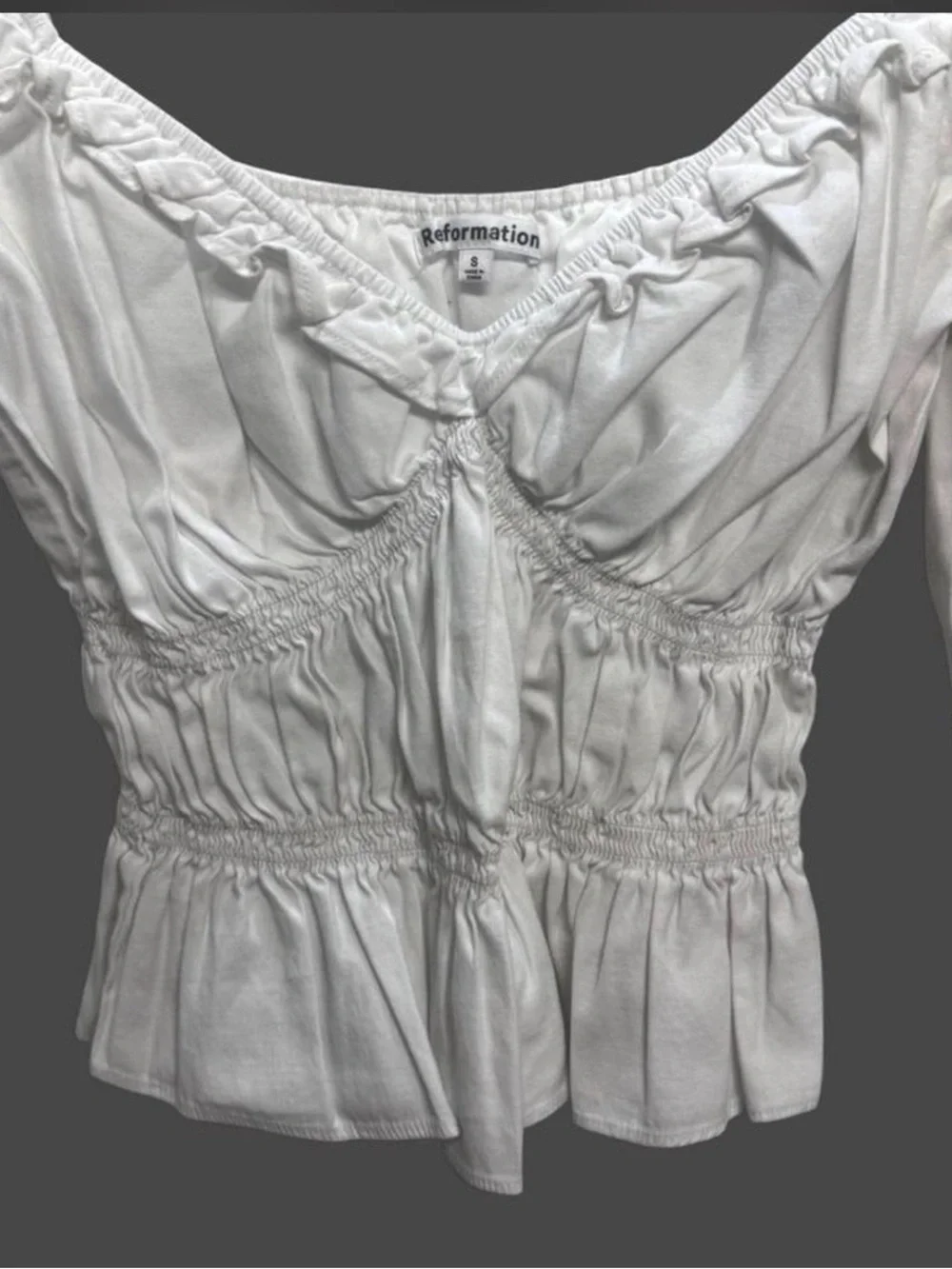 Reformation White Smocked Square-Neck Puff Sleeve Top